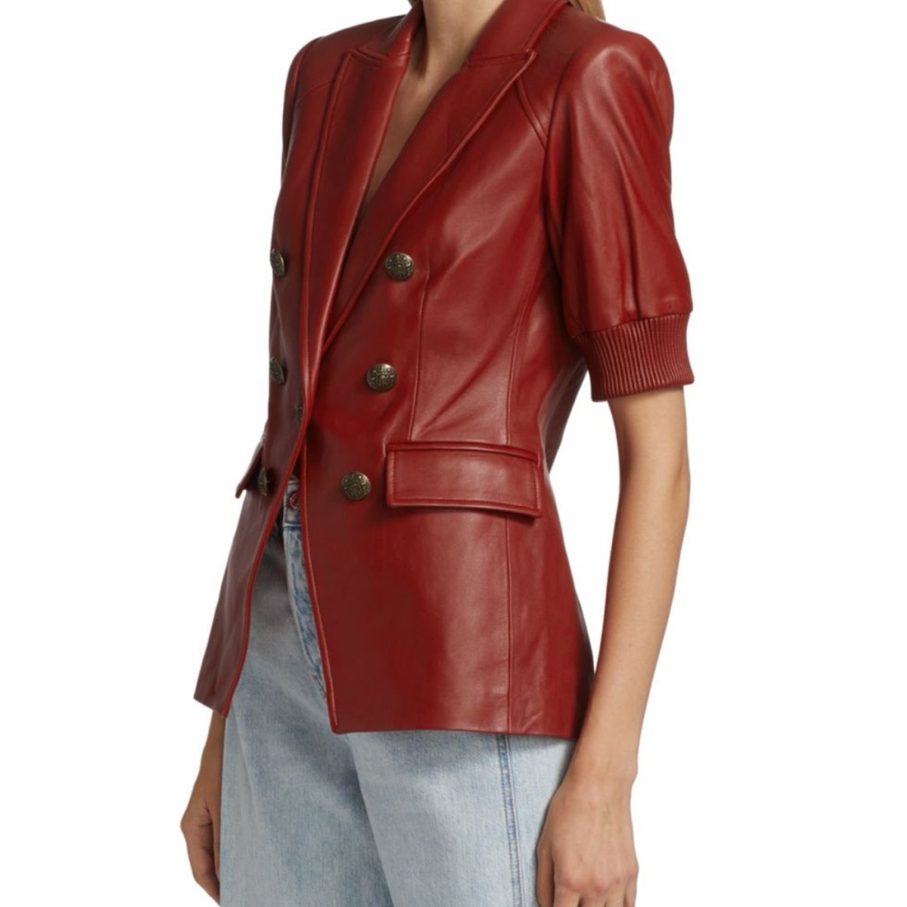 NWT Veronica Beard Red Double-Breasted Leather Blazer - Picture 3 of 11